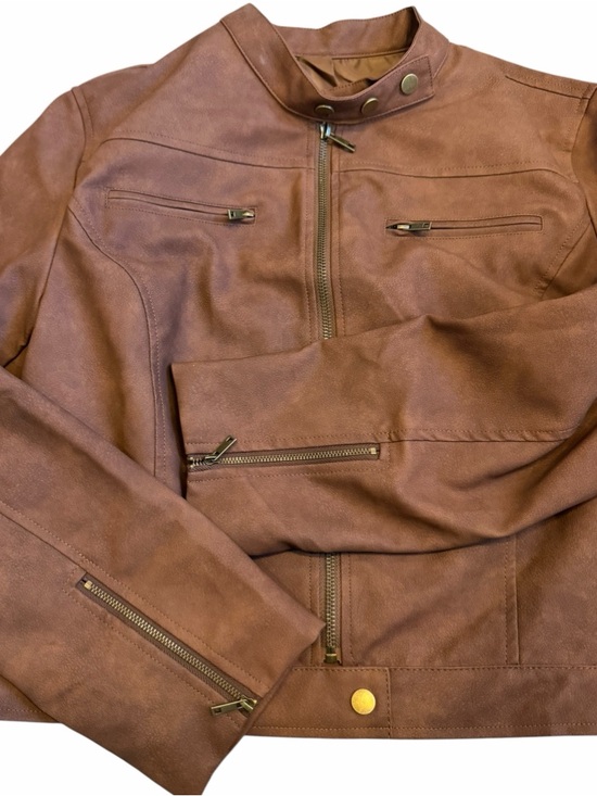 ONEDREAMER Women's Faux Leather Cropped Jacket Motorcycle Short Coat BROWN L - Picture 4 of 12